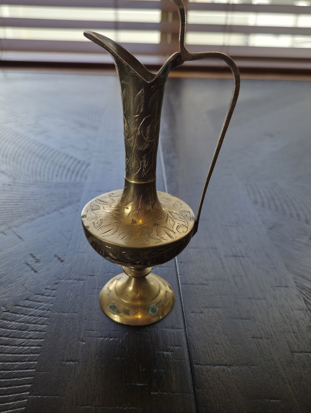Vintage Etched Brass Pitcher India - Ornate Floral Footed Ewer Vase - Picture 7 of 12